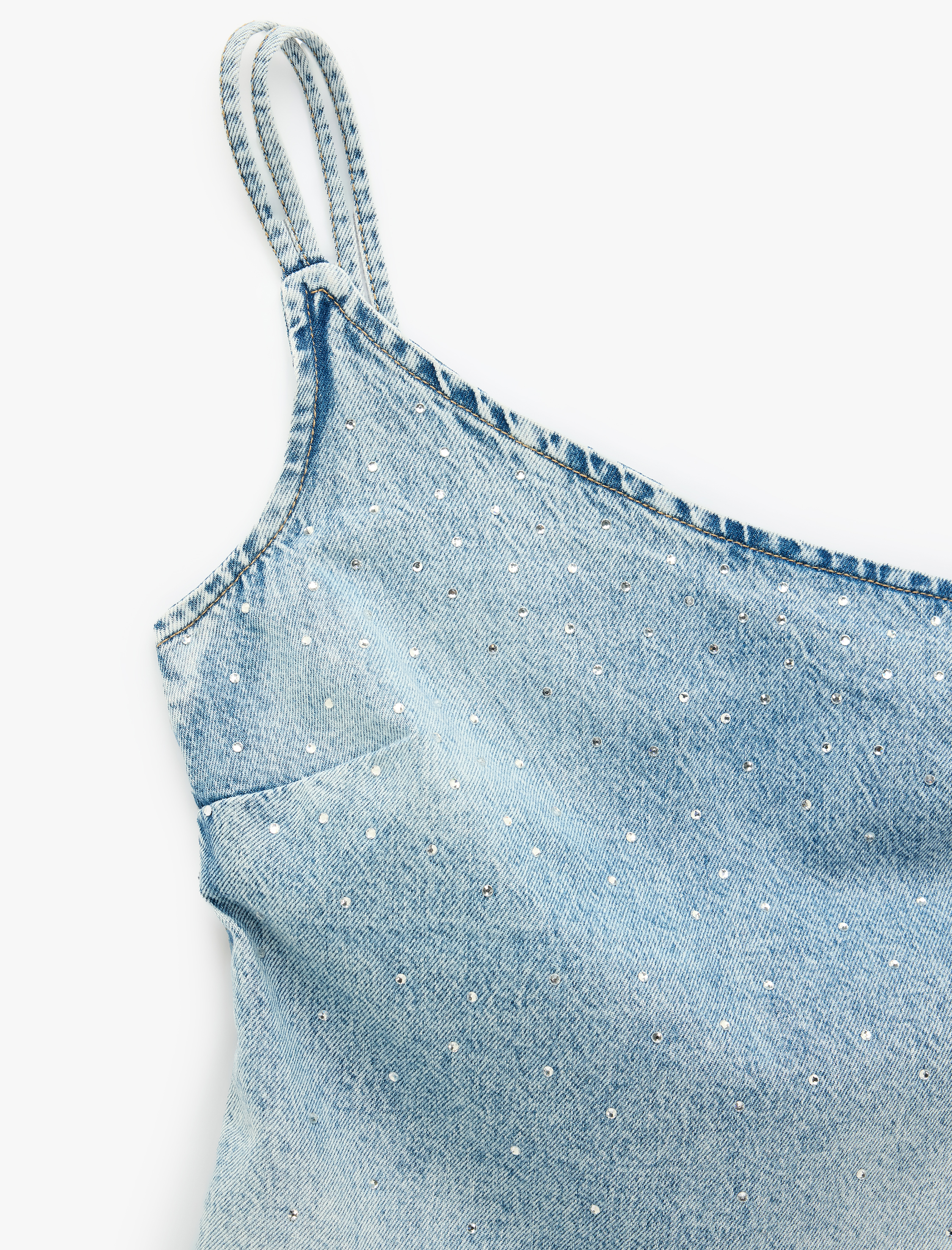   Rahat Kalıp Taş Detaylı Pamuklu Fermuarlı Askılı Asimetrik Denim Bluz