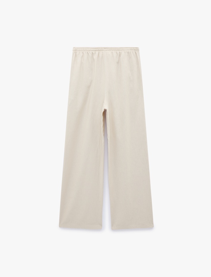  Viskon Keten Karışımlı Beli Bağcıklı Geniş Paça Pantolon