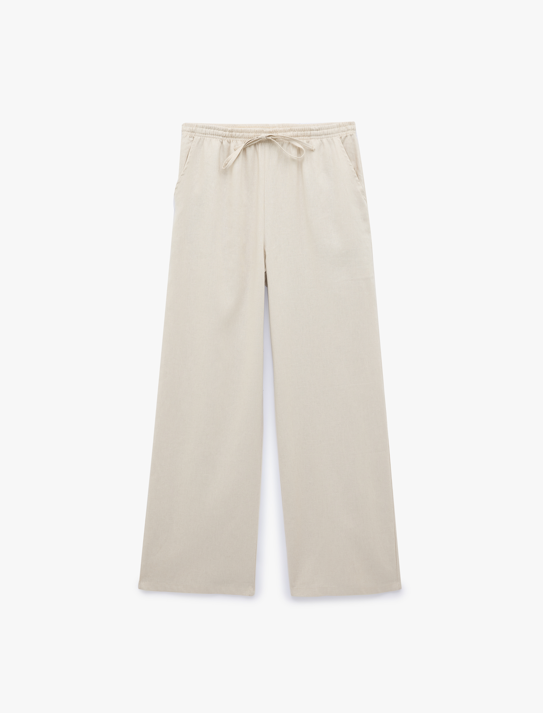   Viskon Keten Karışımlı Beli Bağcıklı Geniş Paça Pantolon