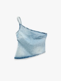 Rahat Kalıp Taş Detaylı Pamuklu Fermuarlı Askılı Asimetrik Denim Bluz