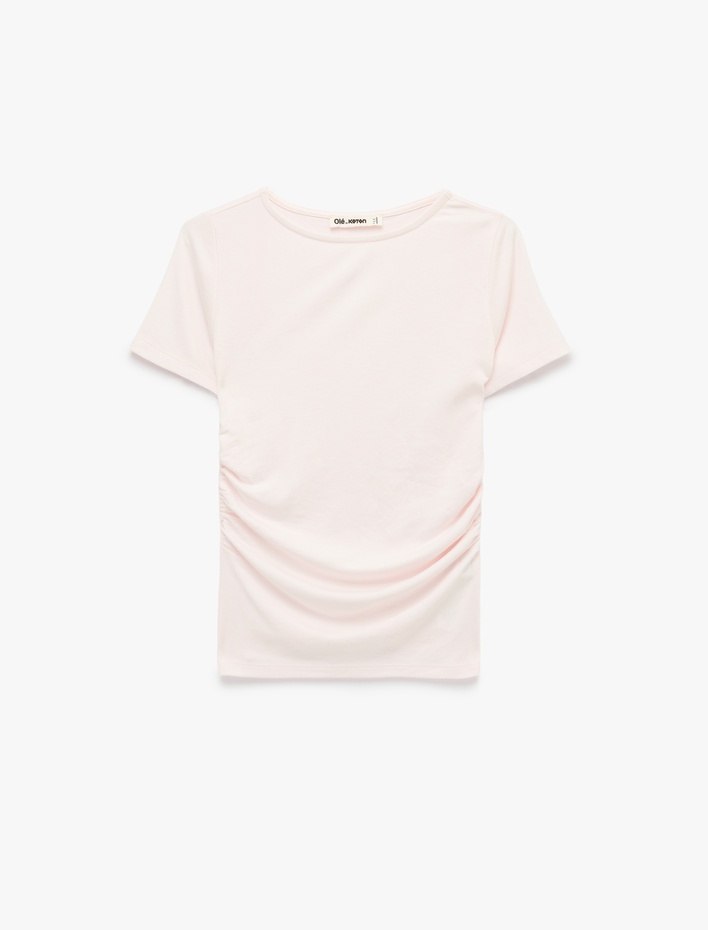  Slim Fit Drapeli Kısa Kollu Kayık Yaka Tişört