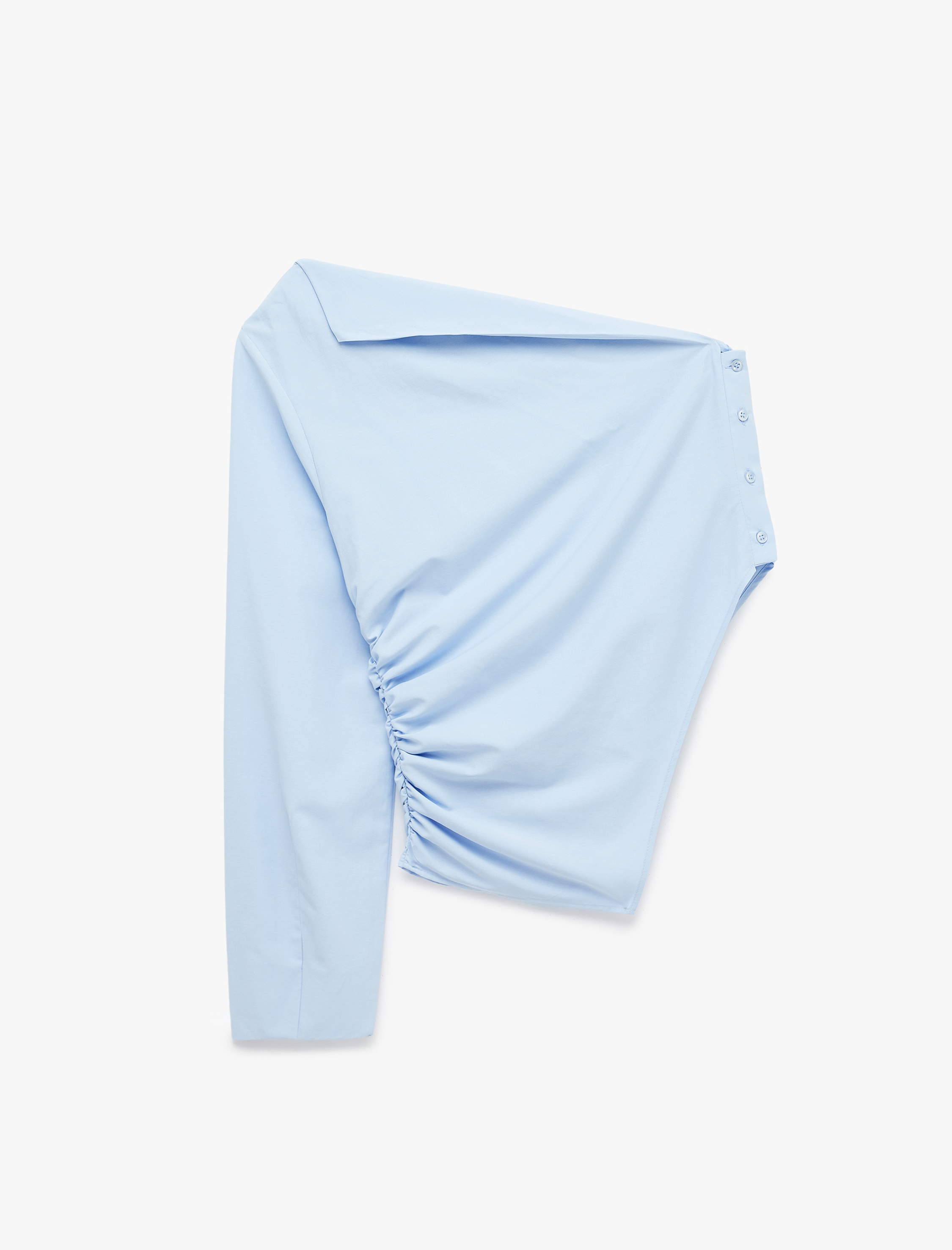   Pamuklu Uzun Kollu Drape Detaylı Poplin Açık Omuz Asimetrik Bluz