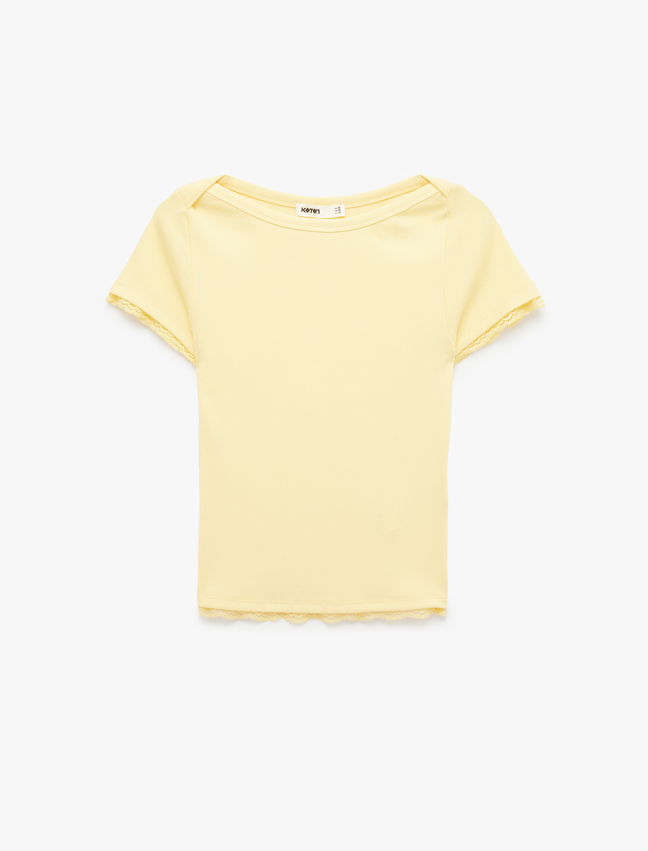   Pamuklu Slim Fit Dantel Detaylı Kısa Kollu Kayık Yaka Tişört