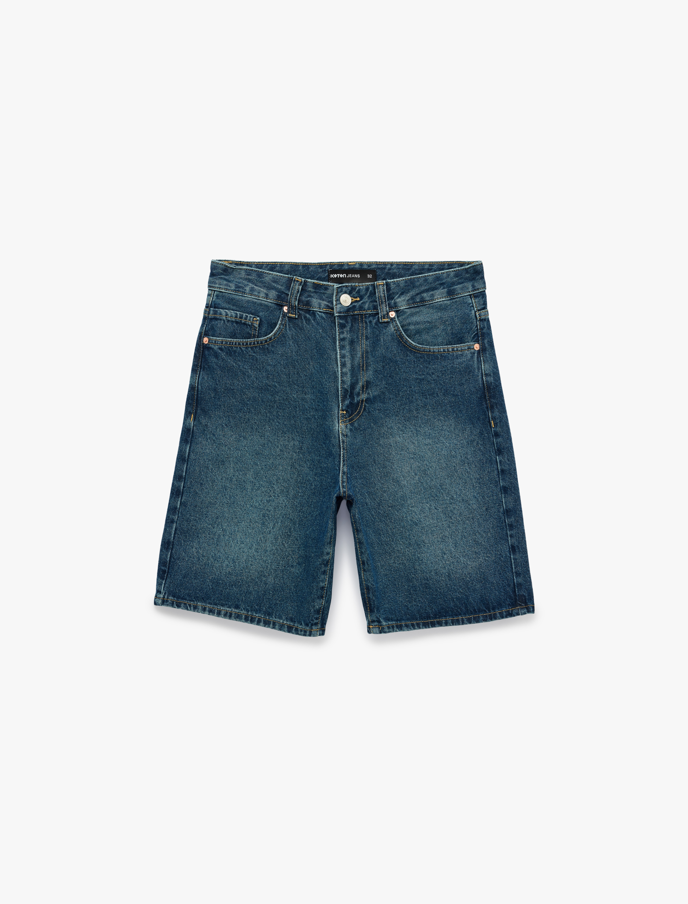   Normal Bel Cepli Pamuklu Bermuda Straight Fit Jean Şort