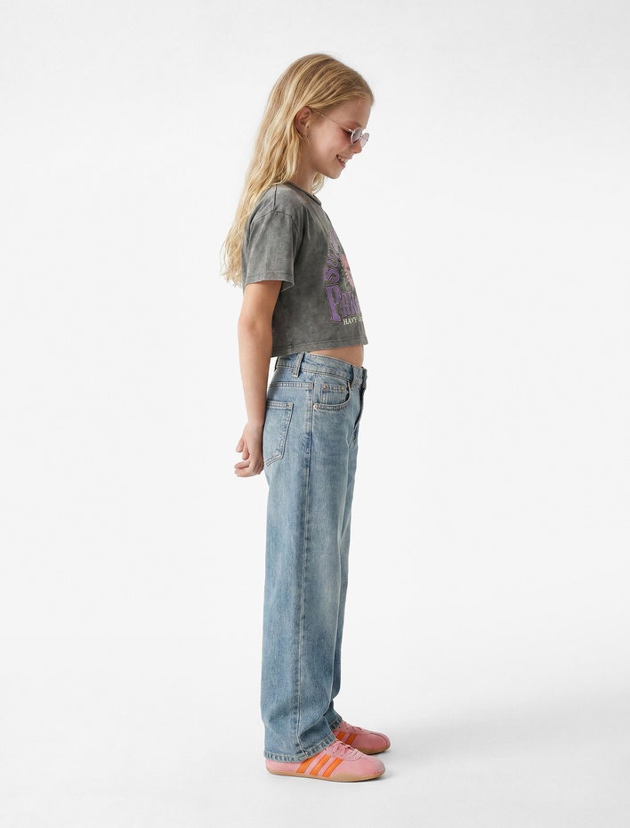 Kız Çocuk Pamuklu Geniş Paça Denim Pantolon