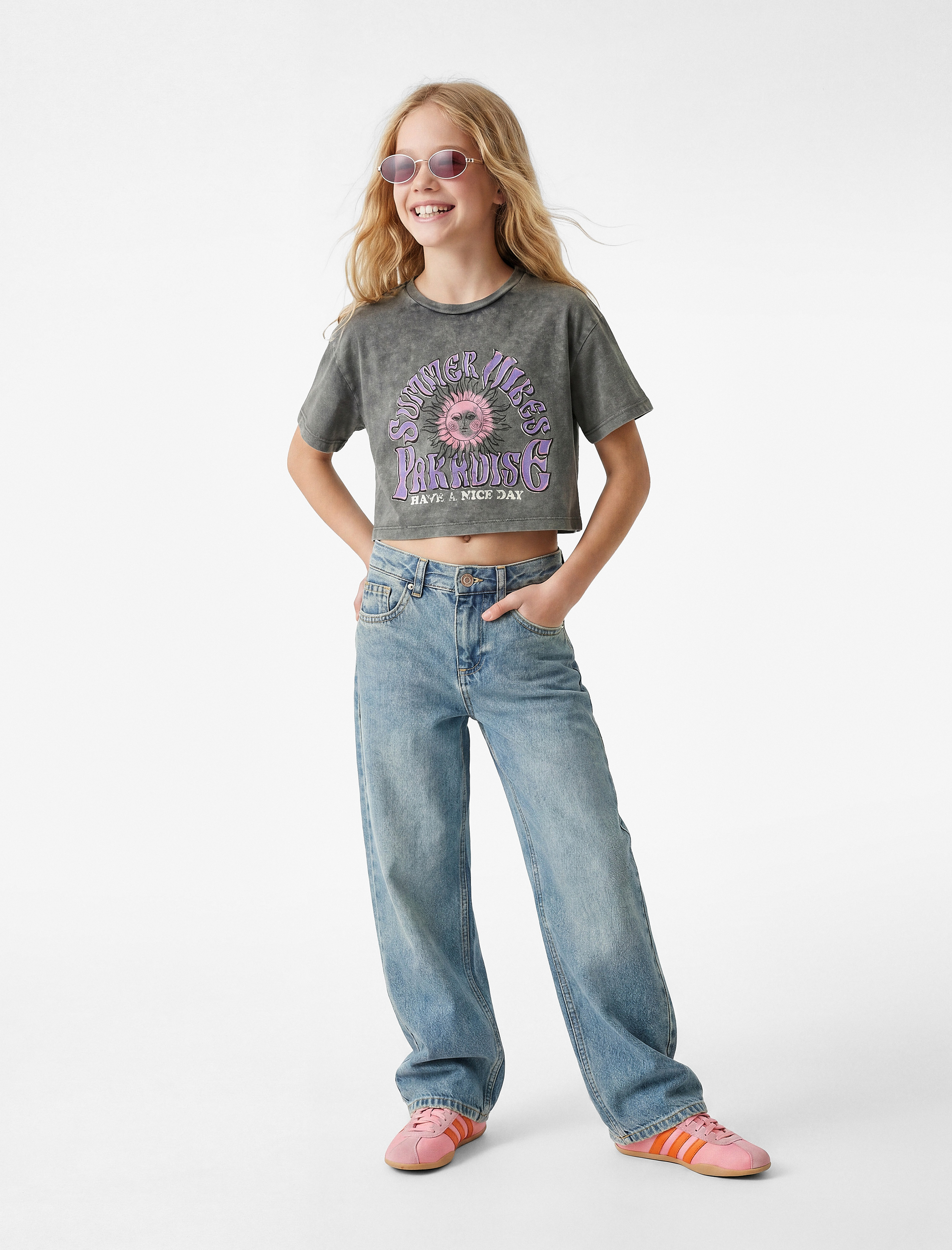  Kız Çocuk Pamuklu Geniş Paça Denim Pantolon