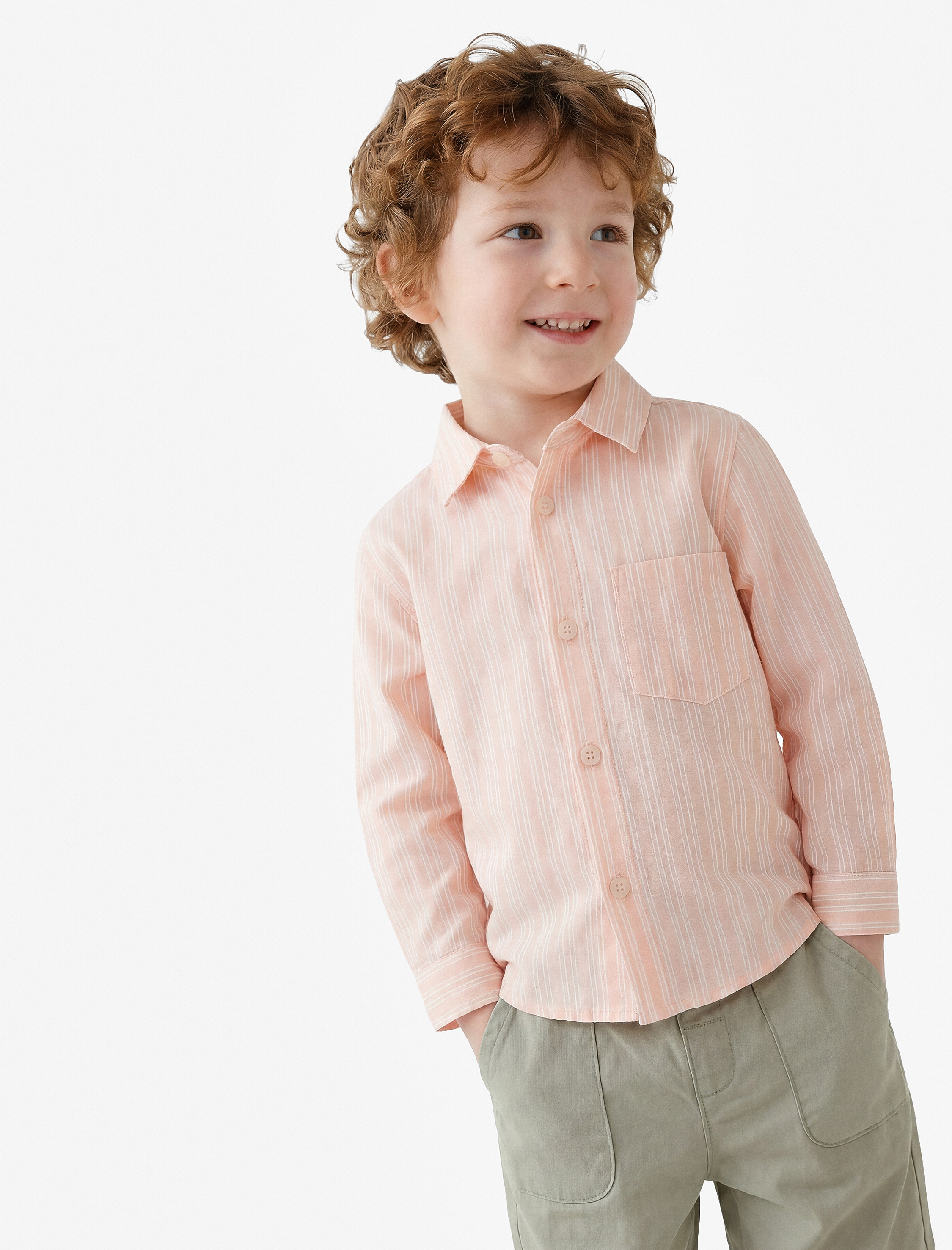  Erkek Bebek Pamuklu Klasik Yaka Cepli Düğmeli Uzun Kollu Gömlek