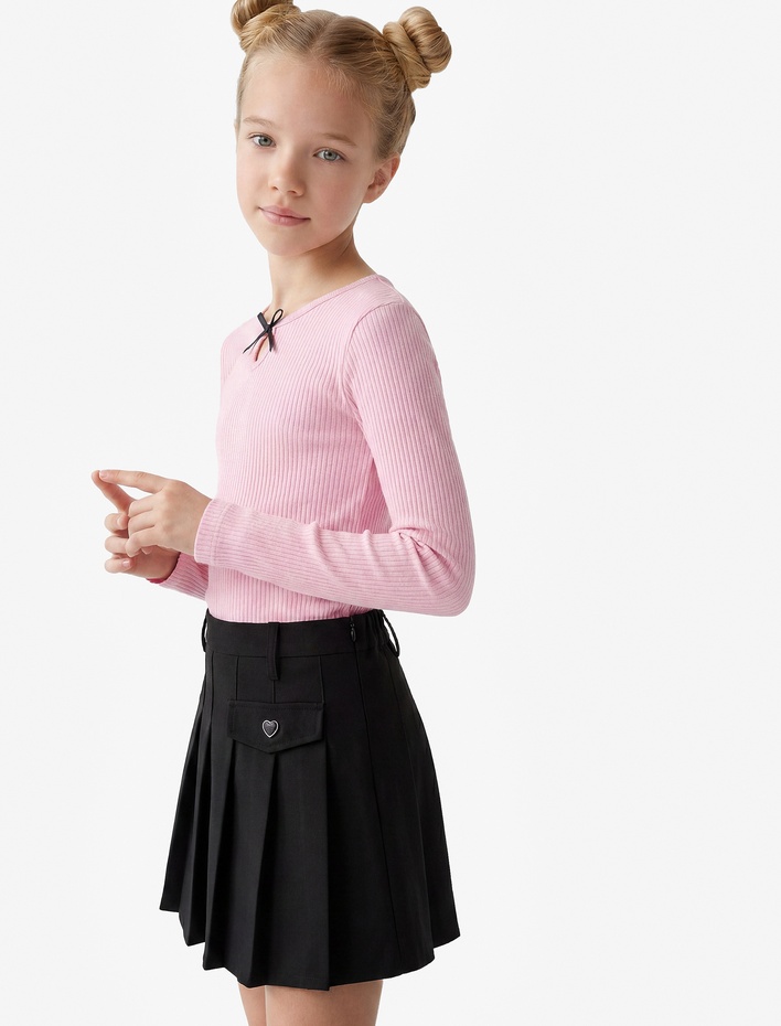 Kız Çocuk Pamuklu Slim Fit Uzun Kollu Bisiklet Yaka Fiyonk Detaylı Fitilli Tişört