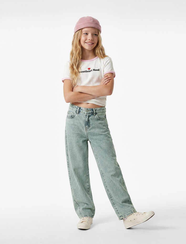 Kız Çocuk Pamuklu Cepli Bol Kesim Denim Pantolon