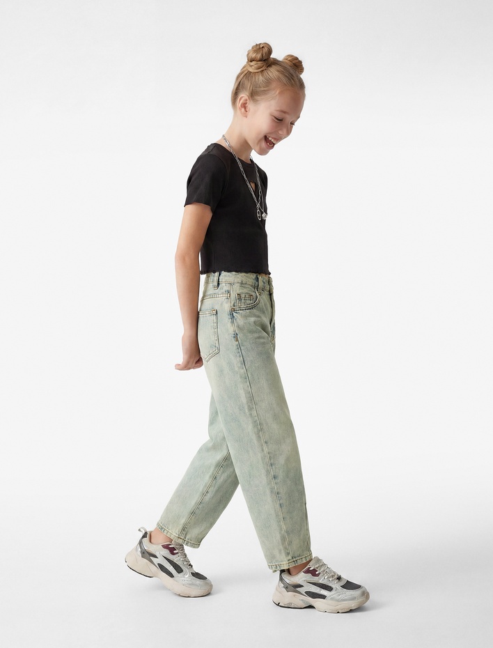 Kız Çocuk Rahat Kesim Balon Form Denim Pantolon