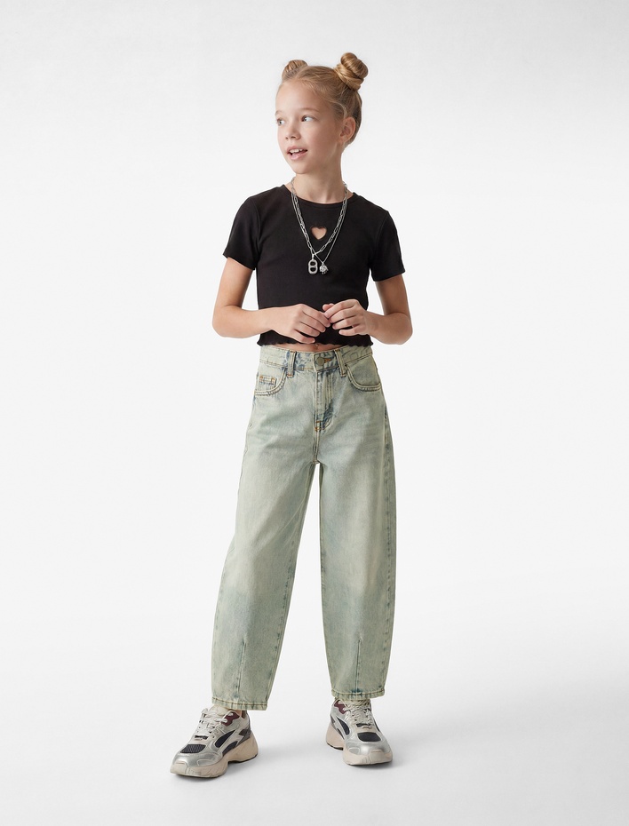 Kız Çocuk Rahat Kesim Balon Form Denim Pantolon