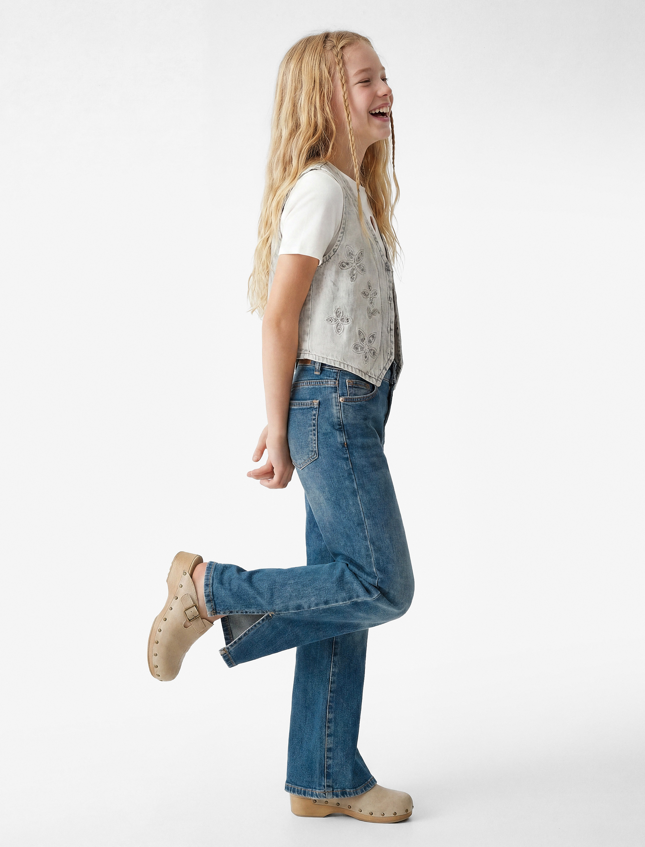  Kız Çocuk Pamuklu İspanyol Paça Denim Pantolon