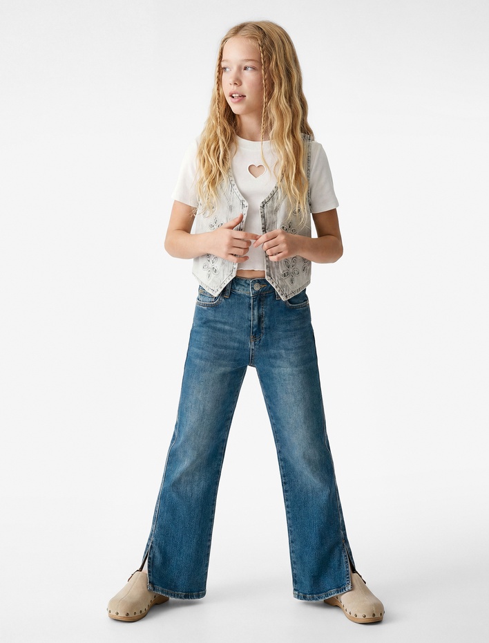 Kız Çocuk Pamuklu İspanyol Paça Denim Pantolon
