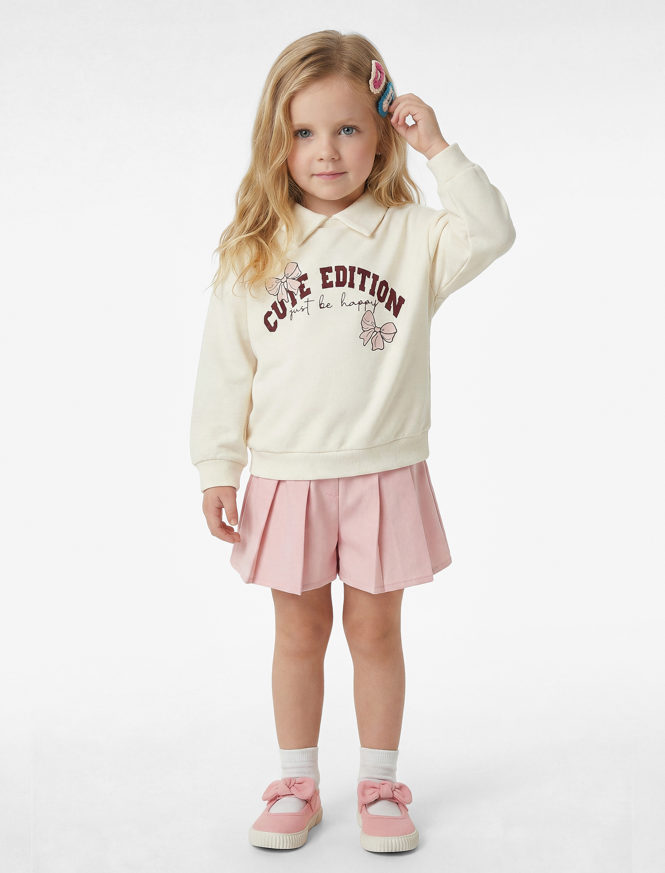  Kız Bebek Pamuklu Fiyonk Baskılı Şardonlu Uzun Kollu Polo Yaka Sweatshirt