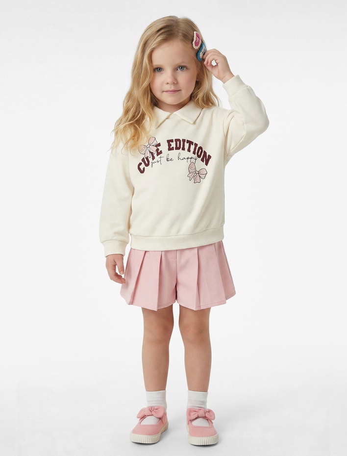 Kız Bebek Pamuklu Fiyonk Baskılı Şardonlu Uzun Kollu Polo Yaka Sweatshirt
