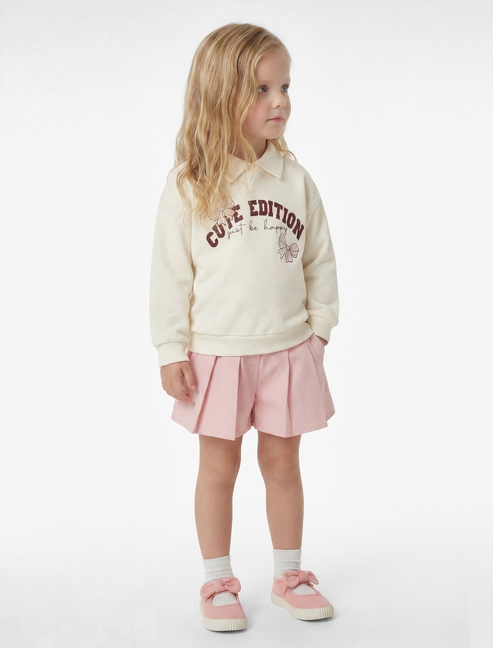Kız Bebek Pamuklu Fiyonk Baskılı Şardonlu Uzun Kollu Polo Yaka Sweatshirt