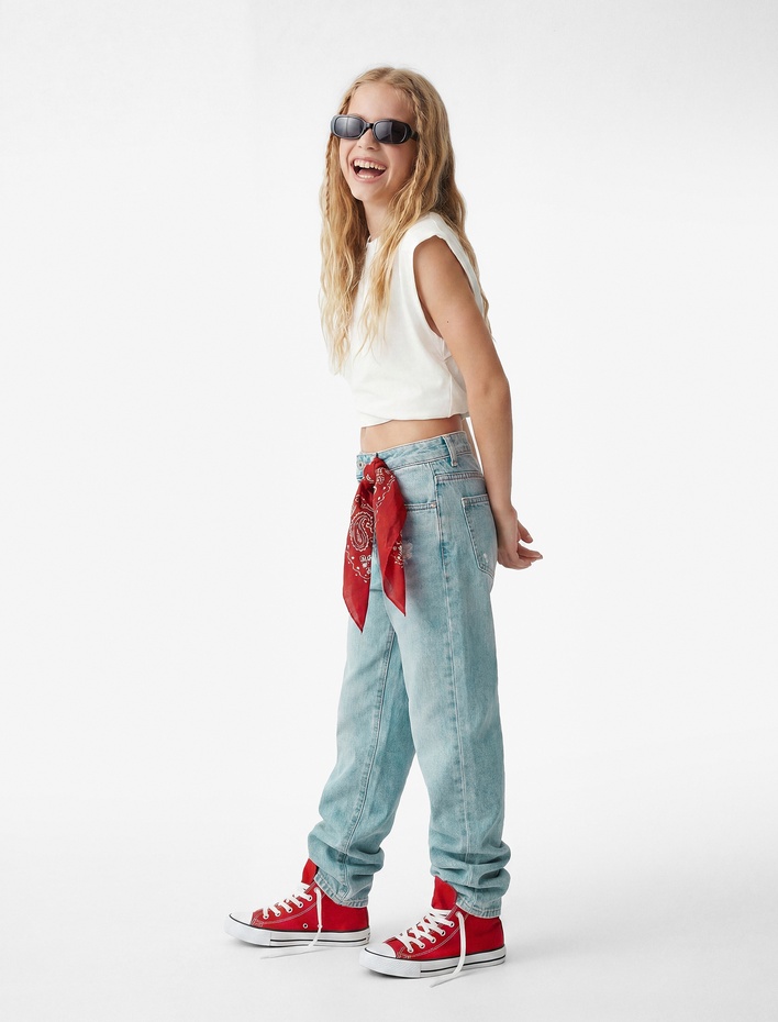 Kız Çocuk Pamuklu Cepli Geniş Paça Denim Pantolon