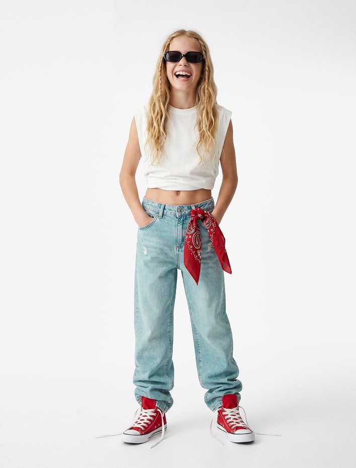 Kız Çocuk Pamuklu Cepli Geniş Paça Denim Pantolon