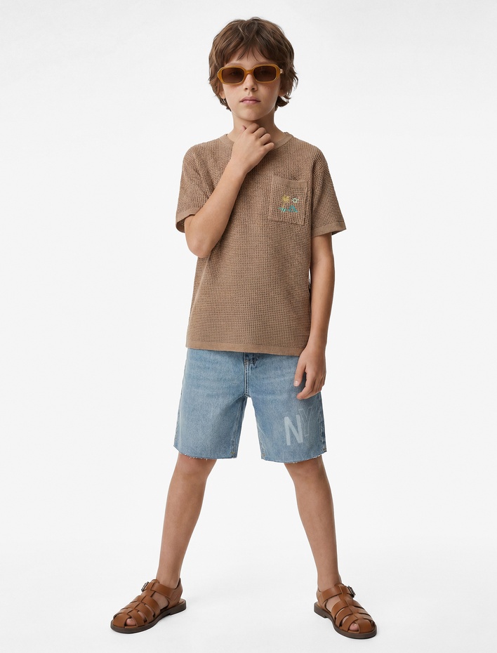 Erkek Çocuk Bisiklet Yaka Kısa Kollu Nakış Detaylı Cepli Viskon Triko Tişört