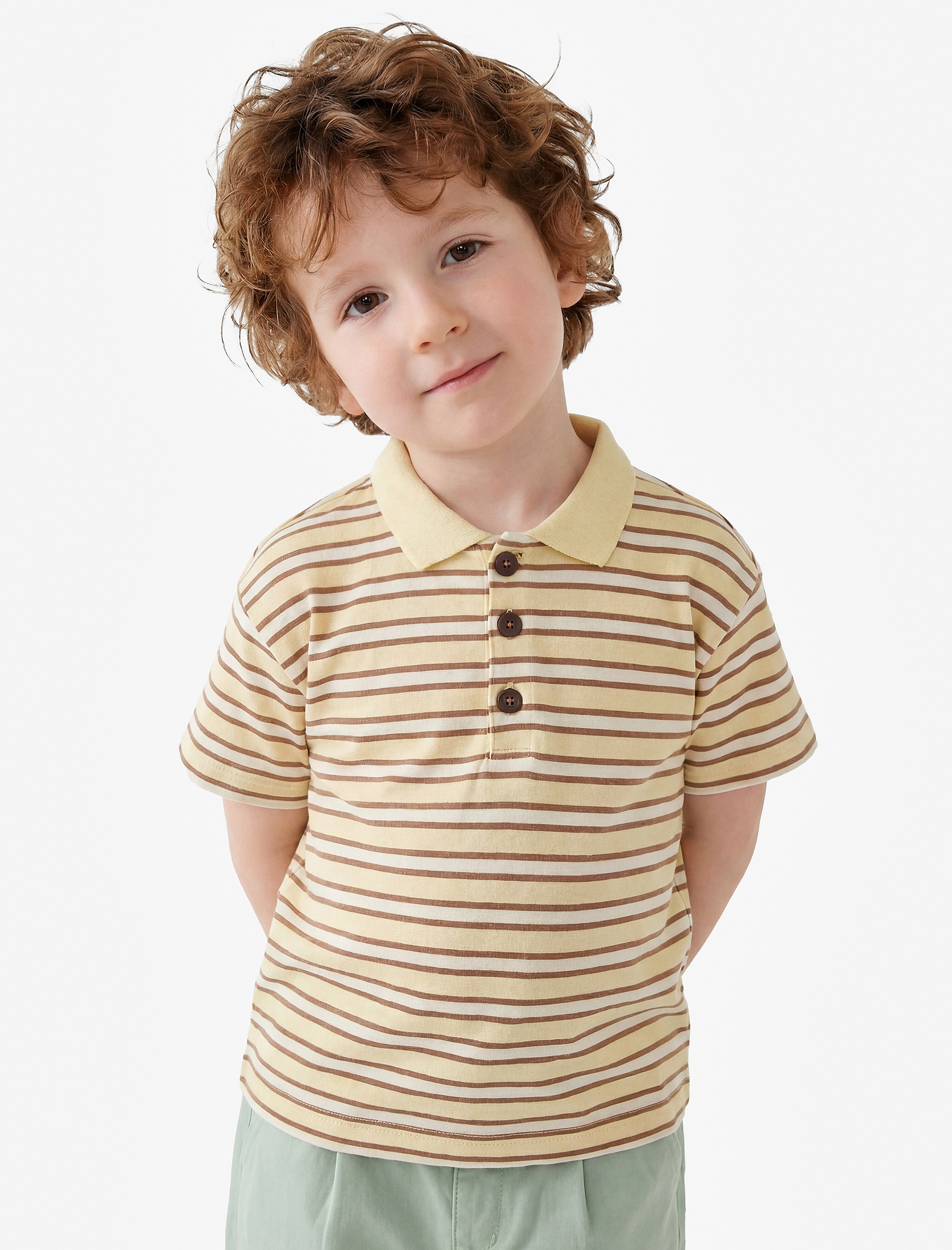  Erkek Bebek Pamuklu Düğmeli Kısa Kollu Oversize Çizgili Polo Yaka Tişört