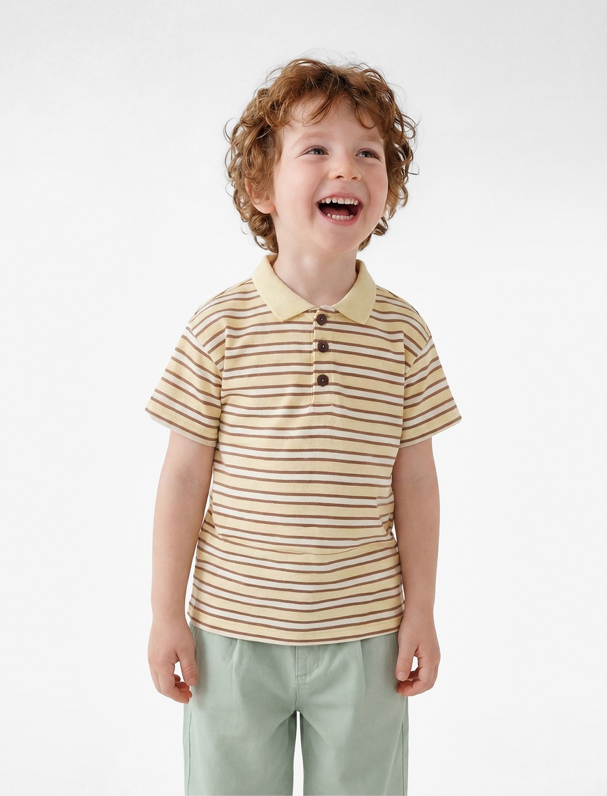Sarı Erkek Bebek Pamuklu Düğmeli Kısa Kollu Oversize Çizgili Polo