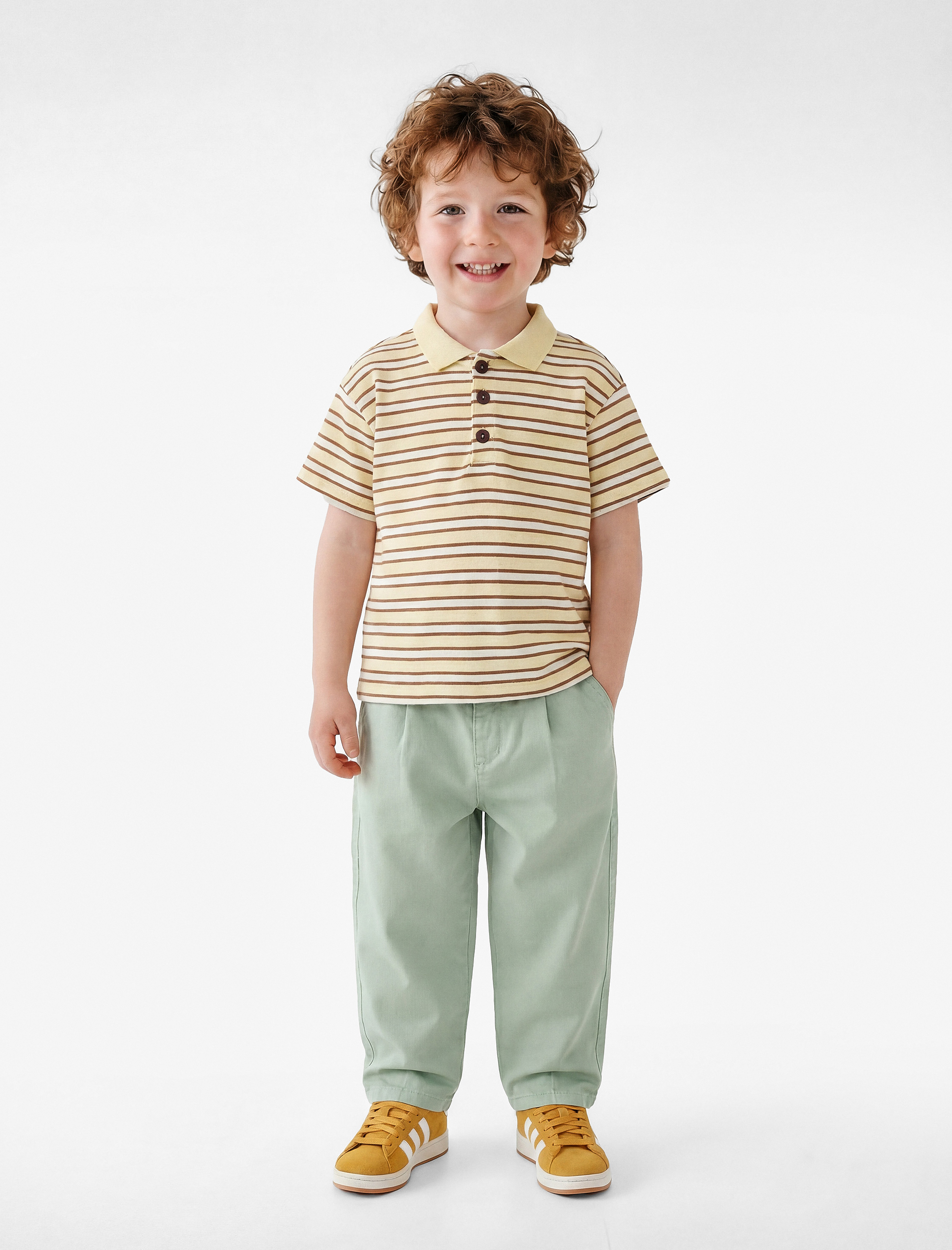  Erkek Bebek Pamuklu Düğmeli Kısa Kollu Oversize Çizgili Polo Yaka Tişört