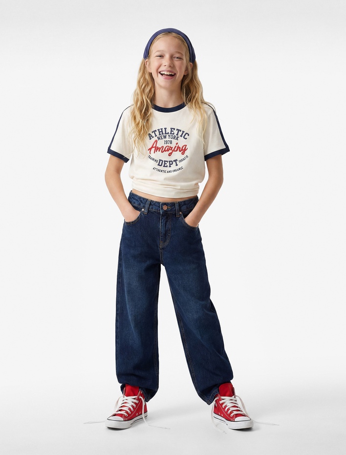 Kız Çocuk Pamuklu Cepli Geniş Paça Denim Pantolon