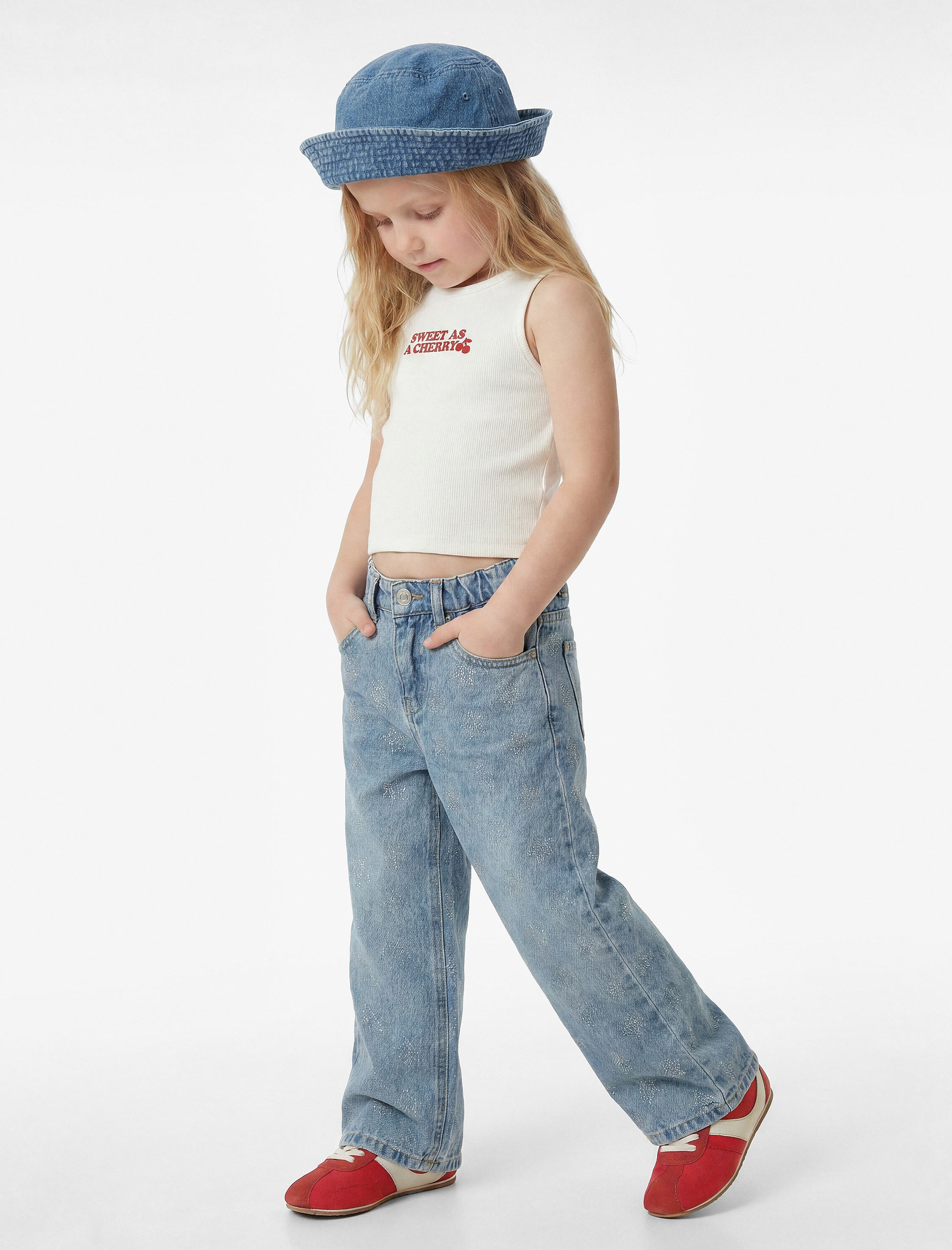  Kız Bebek Pamuklu Bol Kalıp Cepli Geniş Paça Denim Pantolon