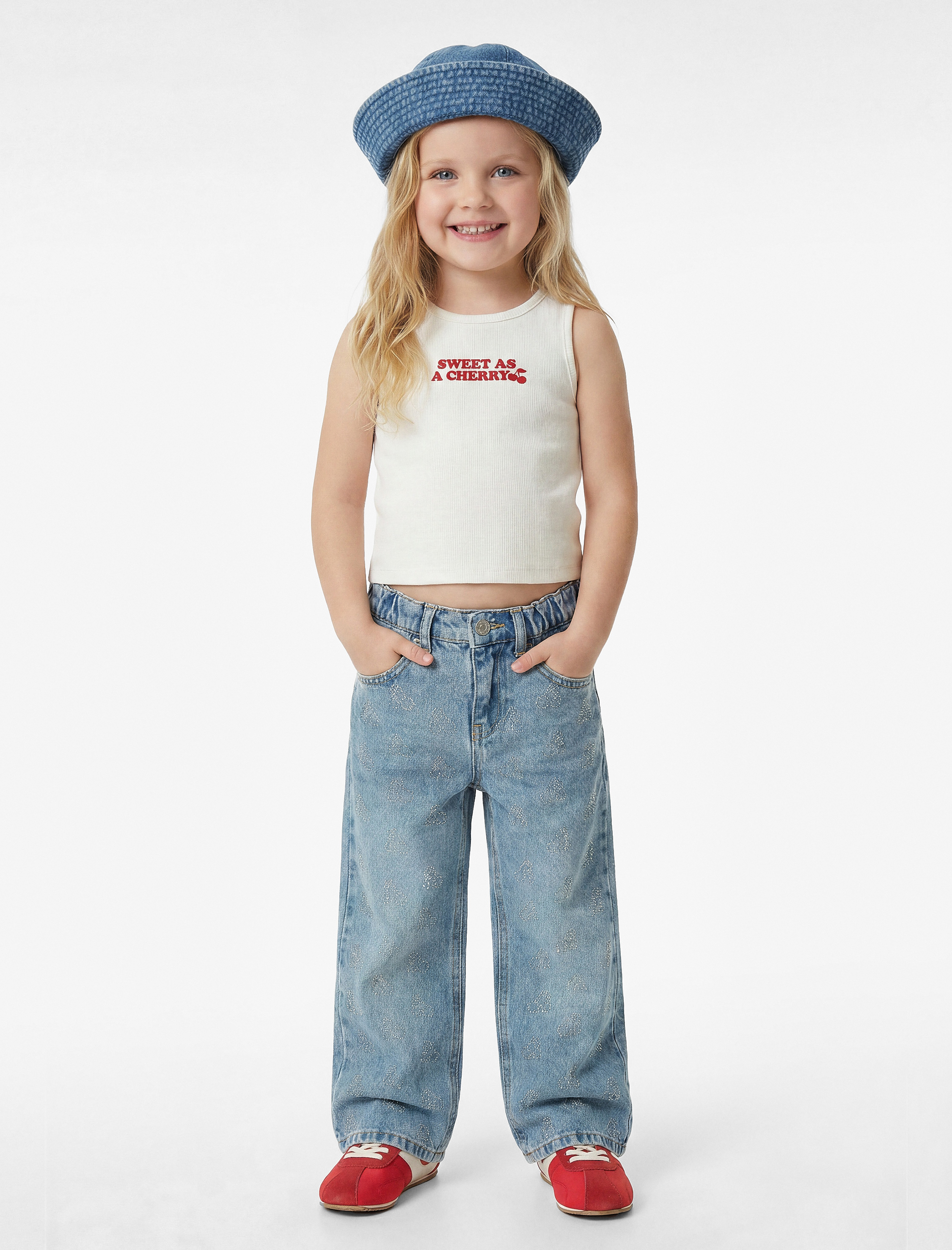  Kız Bebek Pamuklu Bol Kalıp Cepli Geniş Paça Denim Pantolon