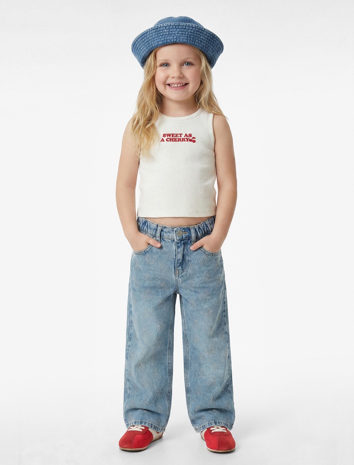 Kız Bebek Pamuklu Bol Kalıp Cepli Geniş Paça Denim Pantolon