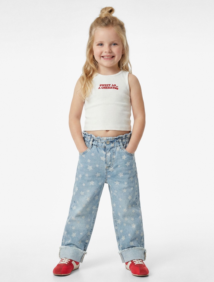 Kız Bebek Yıldız Desenli Cepli Pamuklu Geniş Paça Denim Pantolon