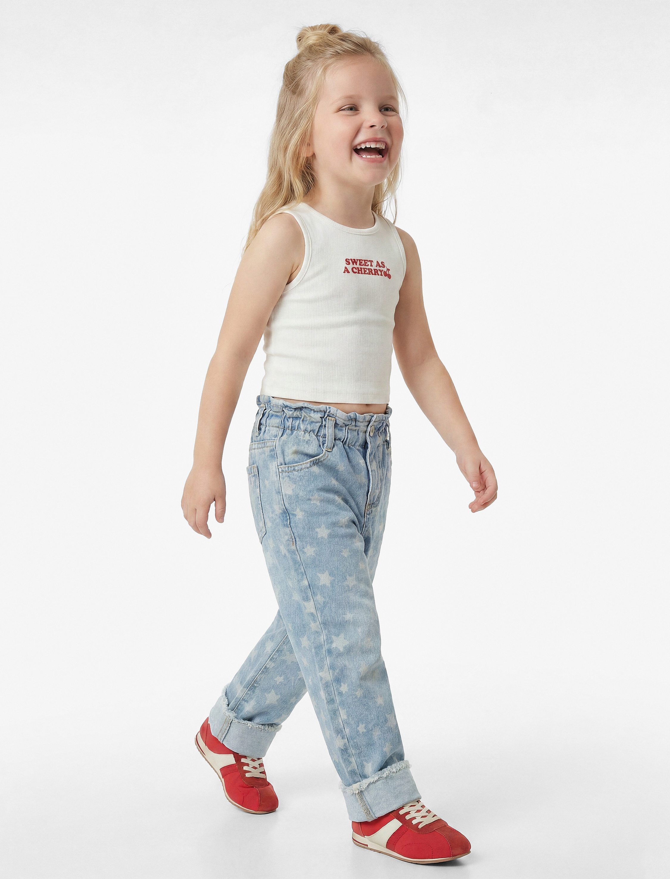  Kız Bebek Yıldız Desenli Cepli Pamuklu Geniş Paça Denim Pantolon