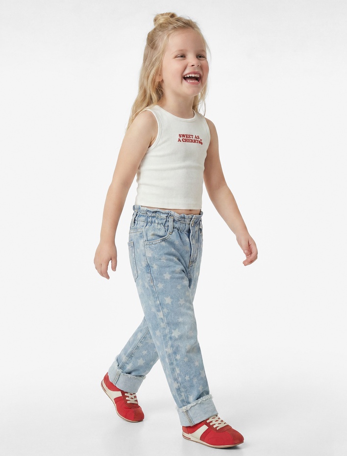 Kız Bebek Yıldız Desenli Cepli Pamuklu Geniş Paça Denim Pantolon