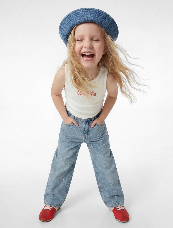 Kız Bebek Pamuklu Bol Kalıp Cepli Geniş Paça Denim Pantolon