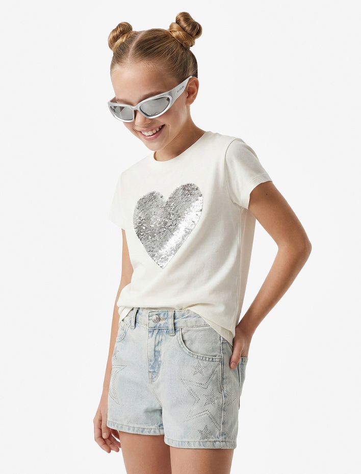 Kız Çocuk Pamuklu Yıldız Desenli Denim Şort