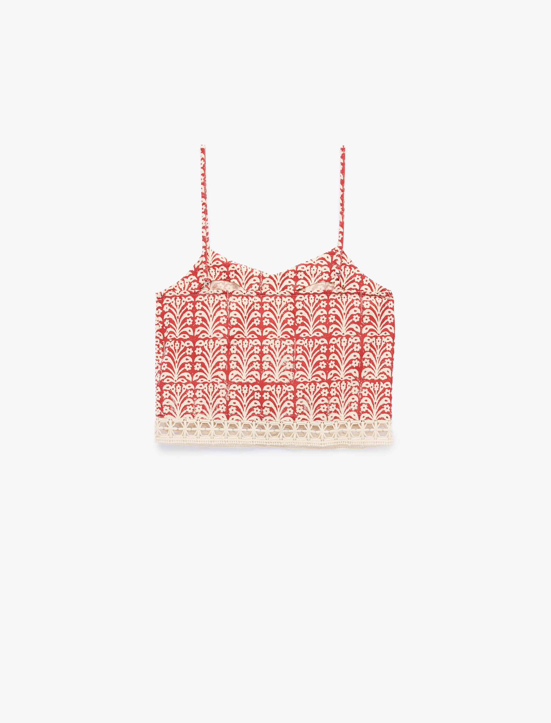   Pamuklu Floral Desenli Dantel Kroşe Detaylı Askılı Crop Top