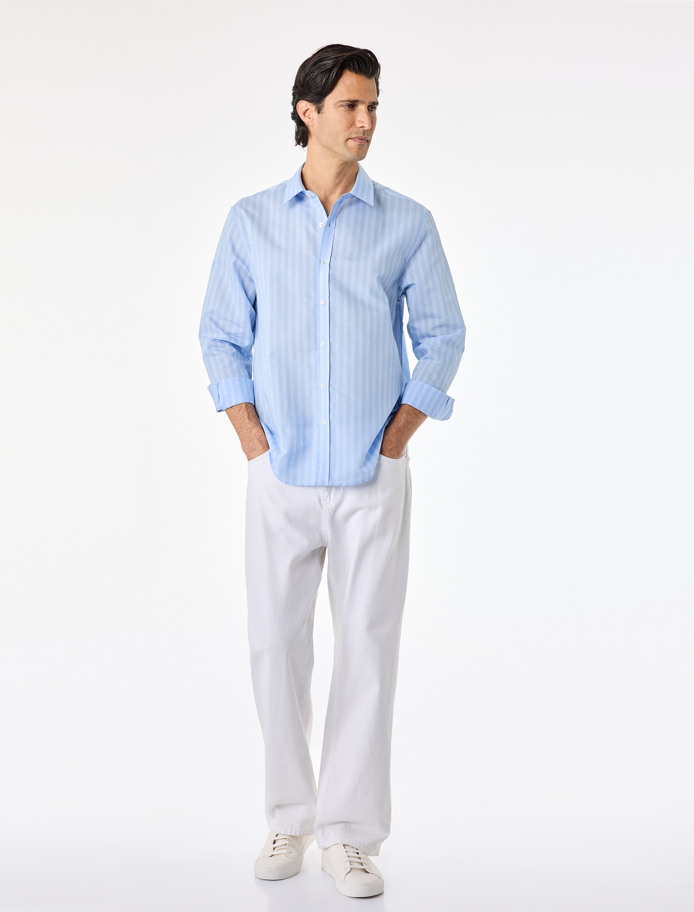   Regular Fit Pamuklu Poplin Klasik Yaka Uzun Kollu Çizgili Gömlek