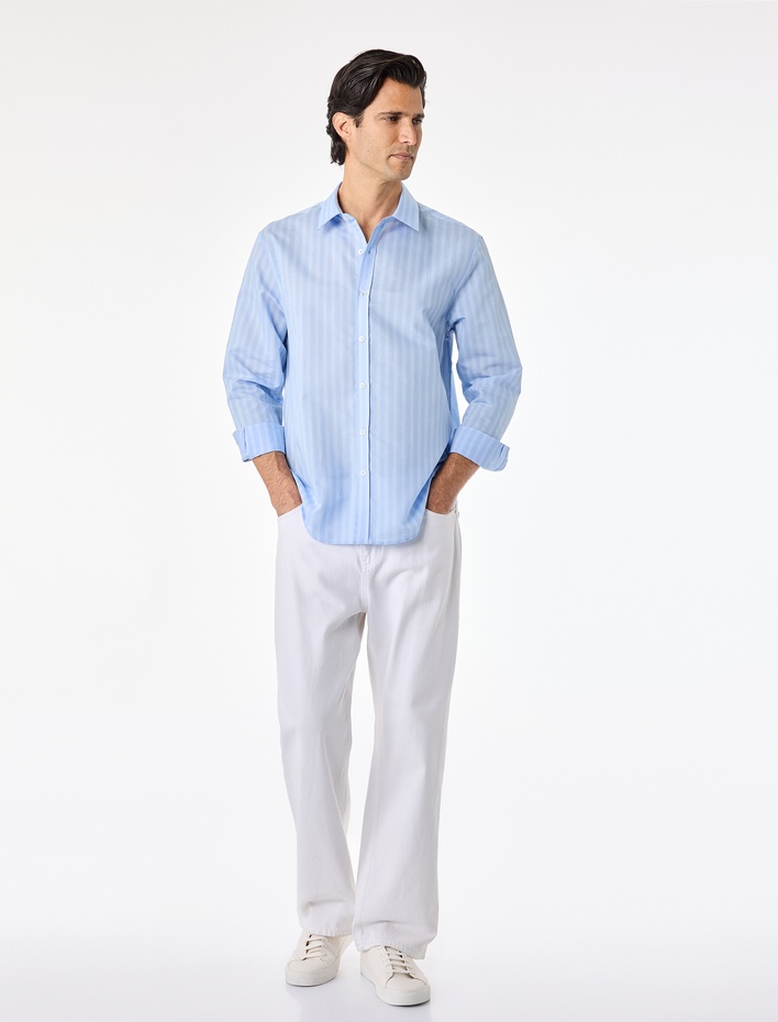  Regular Fit Pamuklu Poplin Klasik Yaka Uzun Kollu Çizgili Gömlek