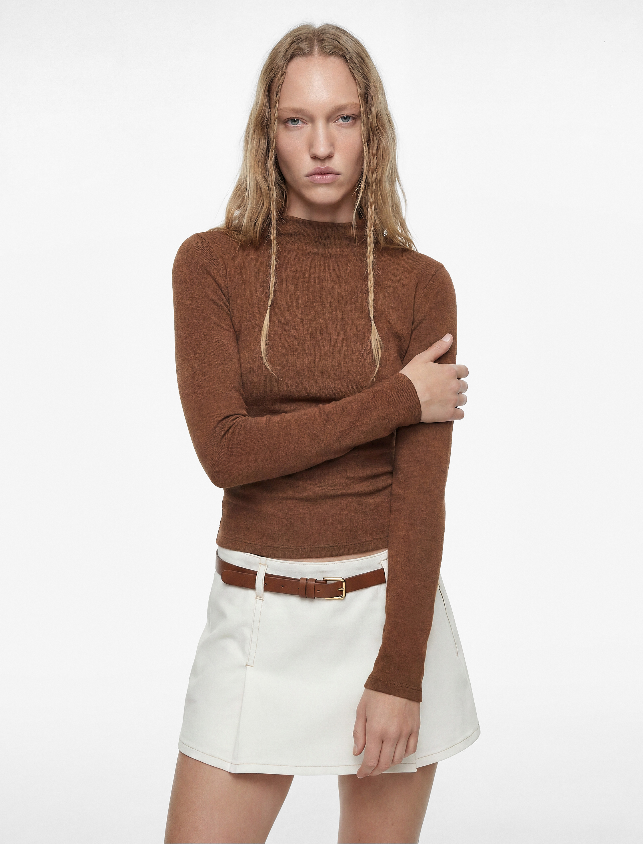   Modal Karışımlı Slim Fit Dik Yaka Uzun Kollu Tişört