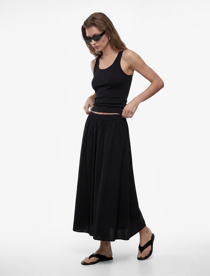  Pamuklu Beli Lastikli Çan Kesim Cepli Maxi Poplin Etek