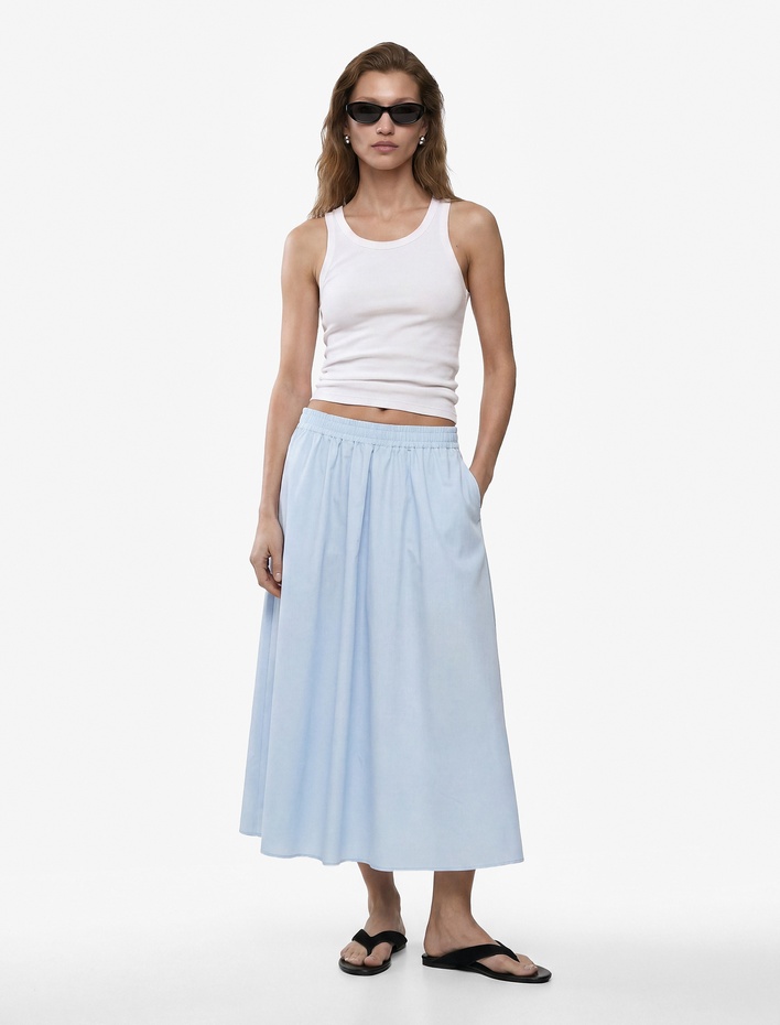 Pamuklu Beli Lastikli Çan Kesim Cepli Maxi Poplin Etek