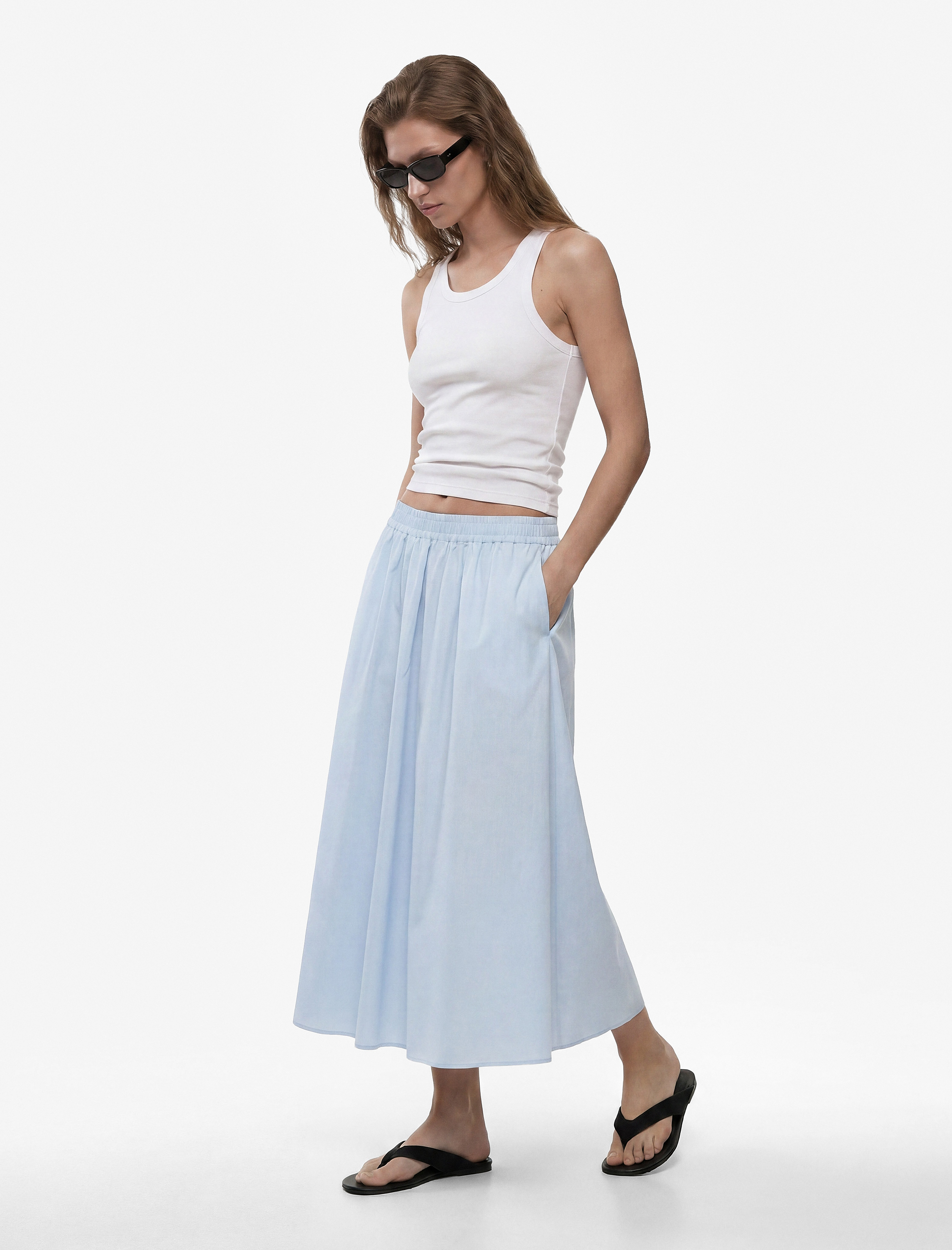   Pamuklu Beli Lastikli Çan Kesim Cepli Maxi Poplin Etek