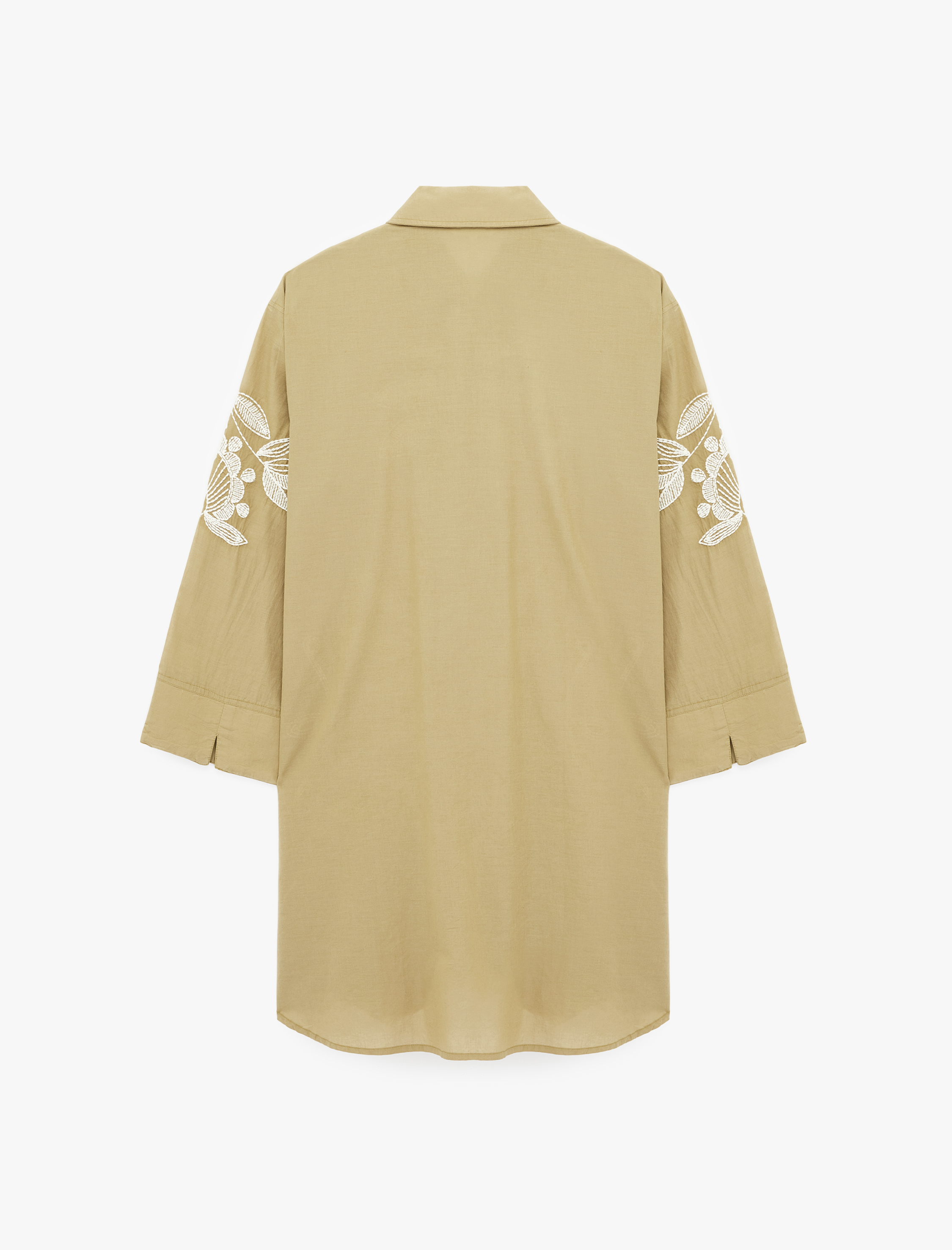   Pamuklu Uzun Kollu Floral Dokulu Nakış Detaylı Oversize Uzun Gömlek Tunik