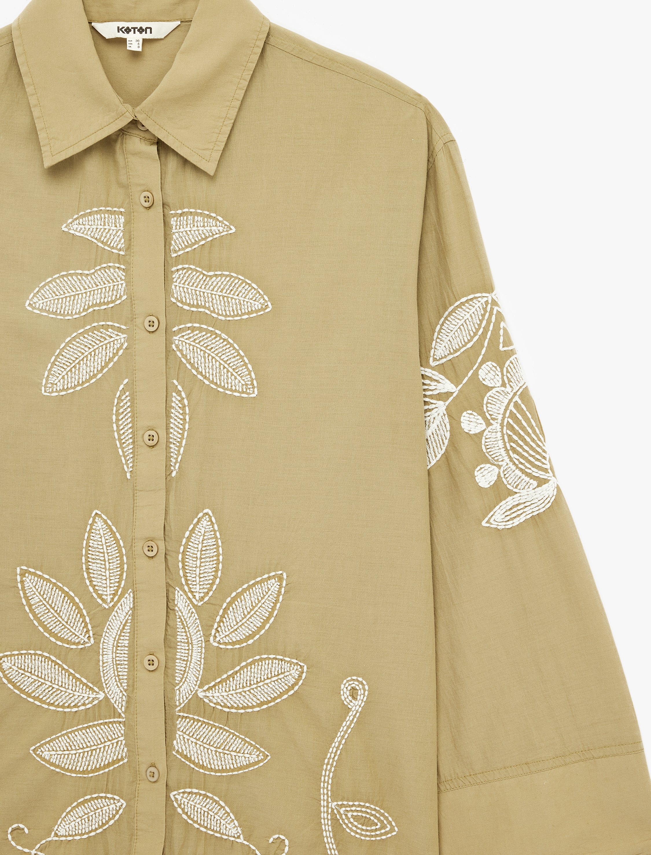   Pamuklu Uzun Kollu Floral Dokulu Nakış Detaylı Oversize Uzun Gömlek Tunik