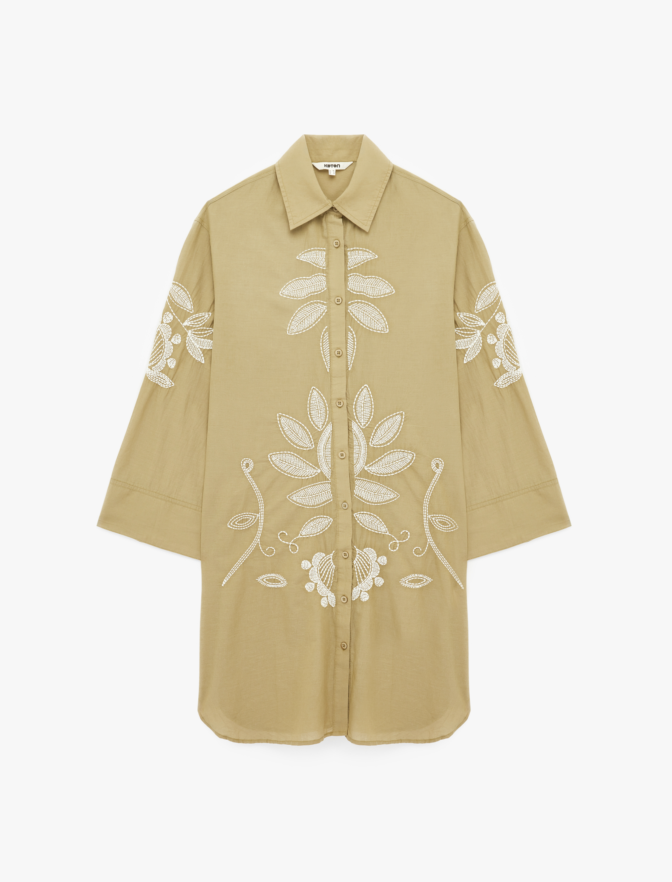   Pamuklu Uzun Kollu Floral Dokulu Nakış Detaylı Oversize Uzun Gömlek Tunik