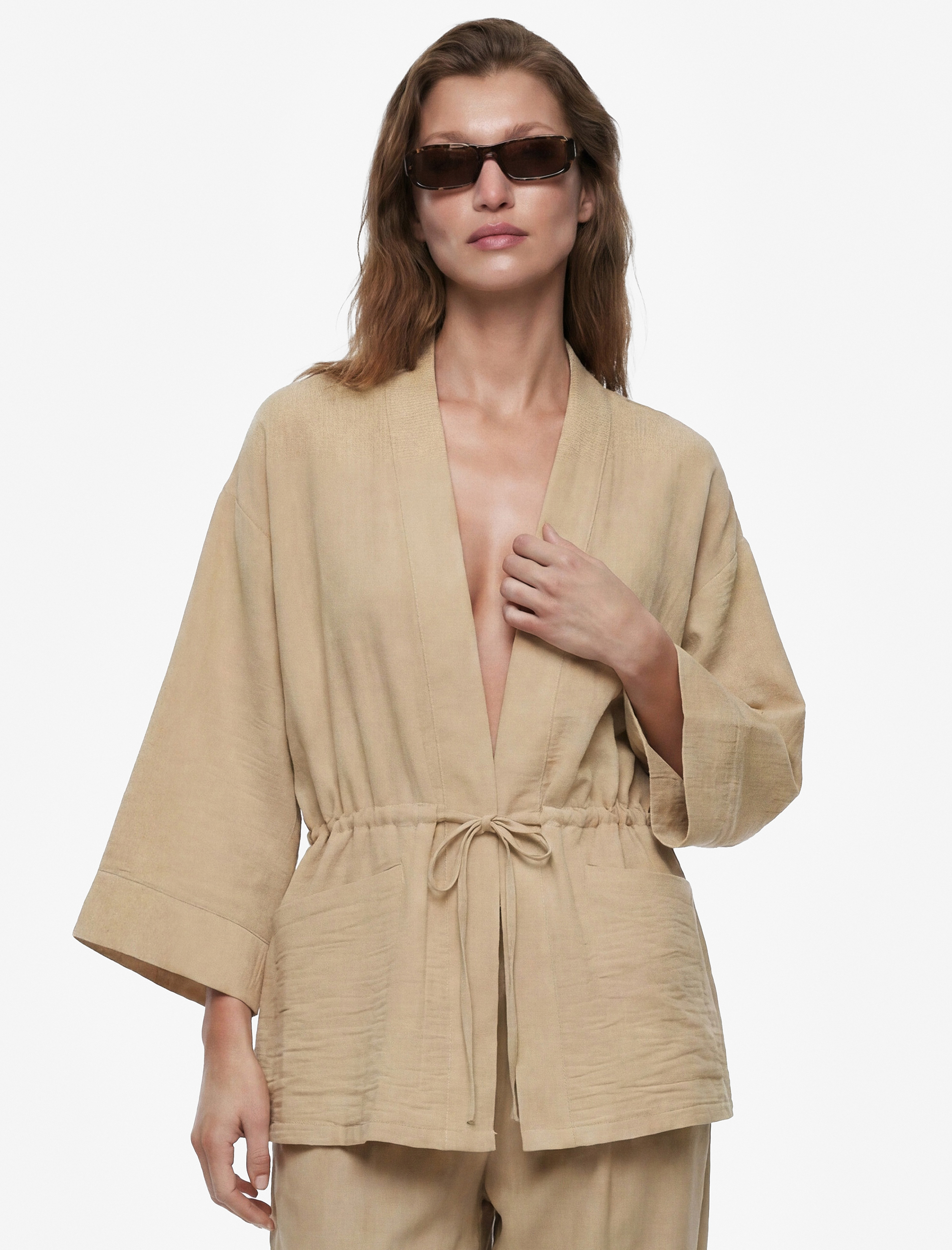   Geniş Uzun Kollu Cepli Beli Bağcıklı Oversize Kimono Ceket