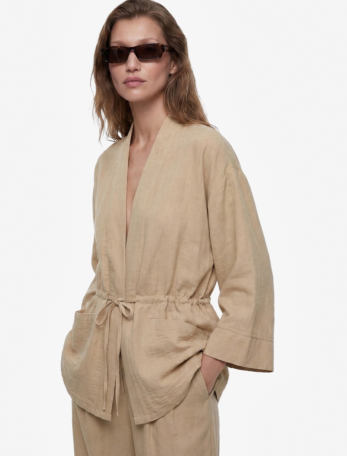  Geniş Uzun Kollu Cepli Beli Bağcıklı Oversize Kimono Ceket