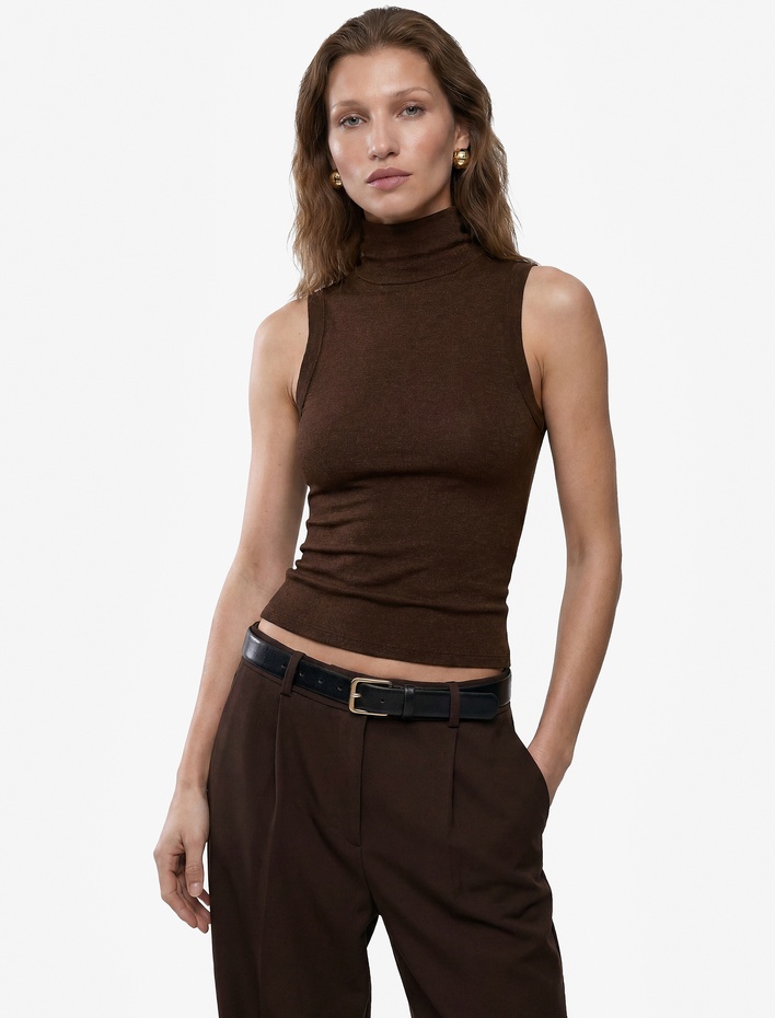  Koyun Yünü Karışımlı Yumuşak Dokulu Slim Fit Dik Yaka Kolsuz Bluz