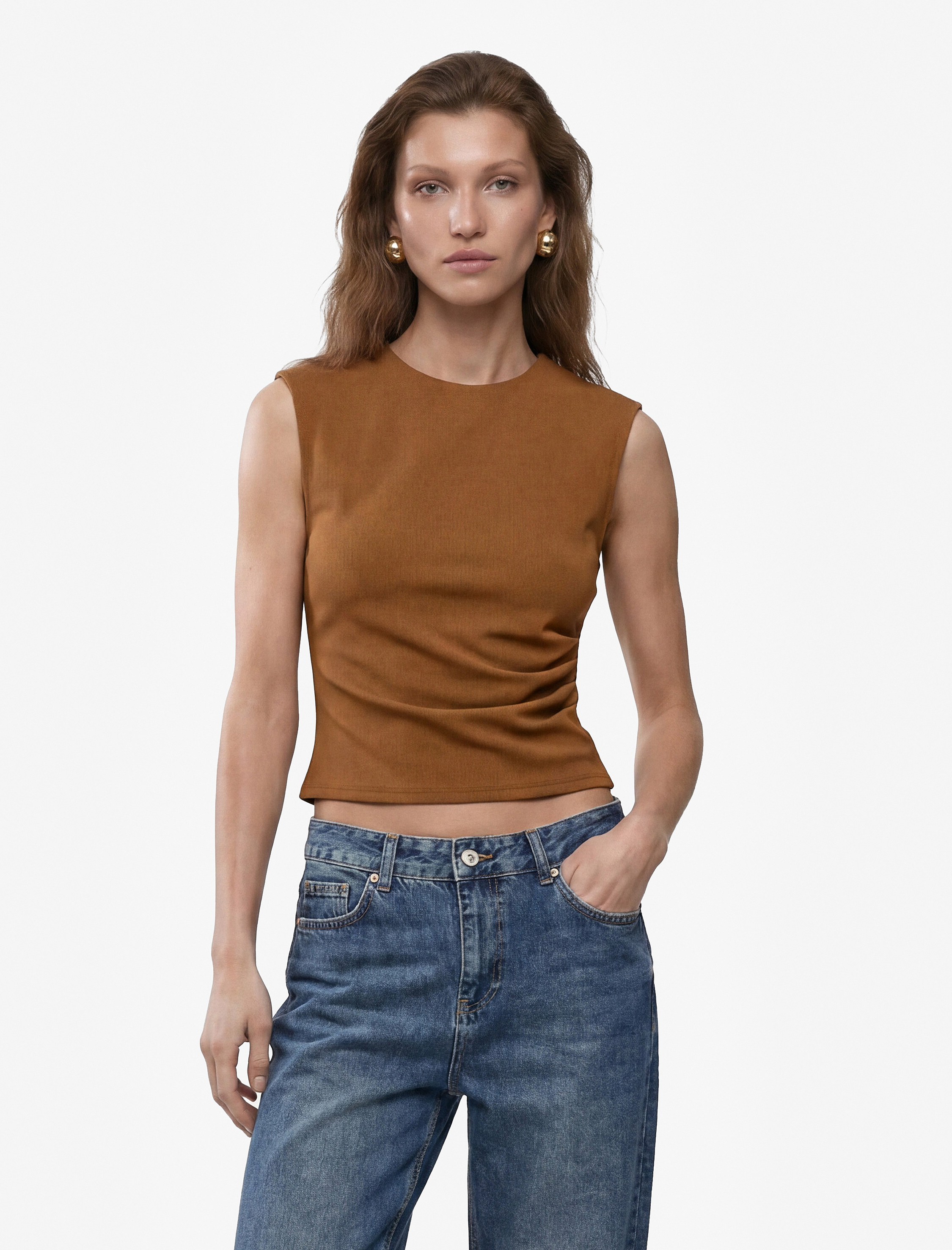  Krep Scuba Slim Fit Drape Detaylı Kolsuz Bisiklet Yaka Bluz