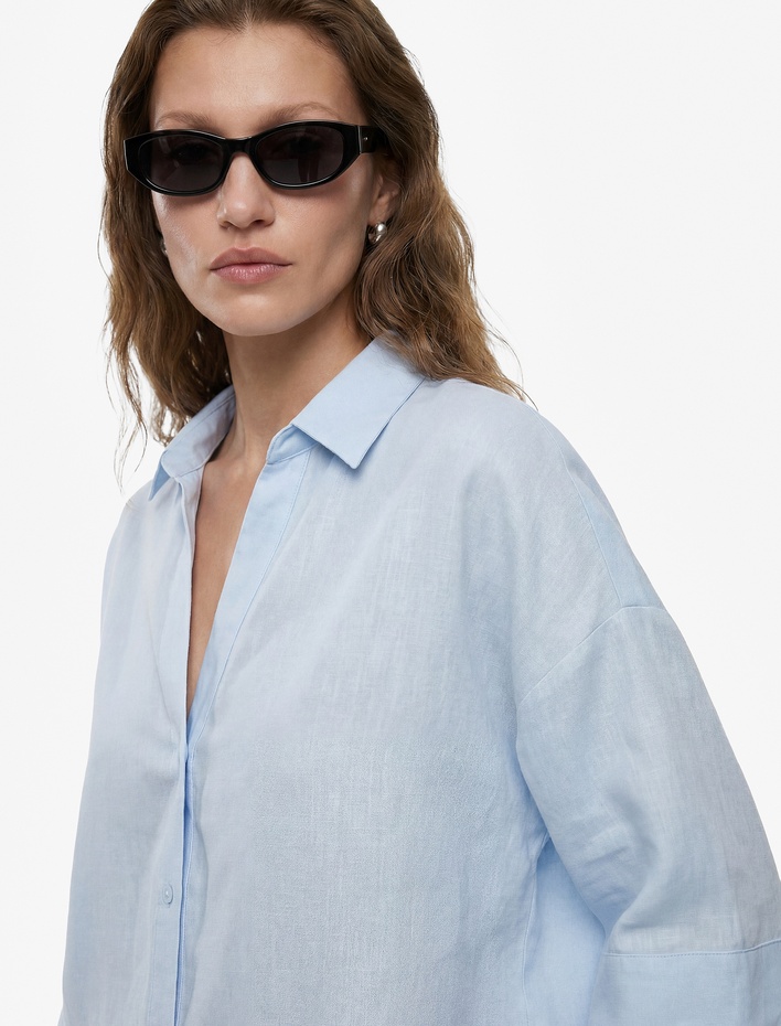  Oversize Klasik Yaka 3/4 Kollu Keten Karışımlı Gömlek